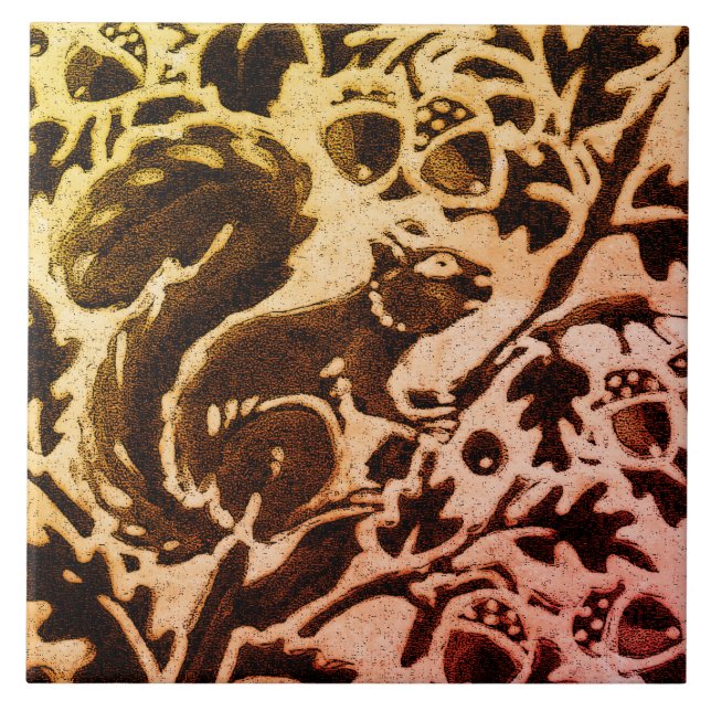 Rust Gold Brown Squirrel Floral Autumn Leaf Batik Ceramic Tile (Front)
