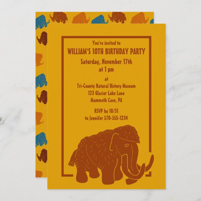 Rust & Gold Cartoon Woolly Mammoth Birthday Party Invitation (Front/Back)
