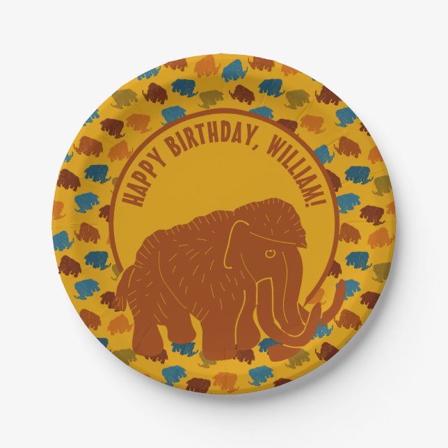 Rust & Gold Cartoon Woolly Mammoth Personalised Paper Plate (Front)