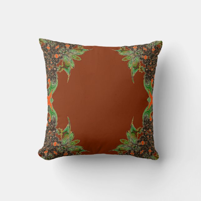 Rust Green Abstract Feathery Throw Pillow (Front)