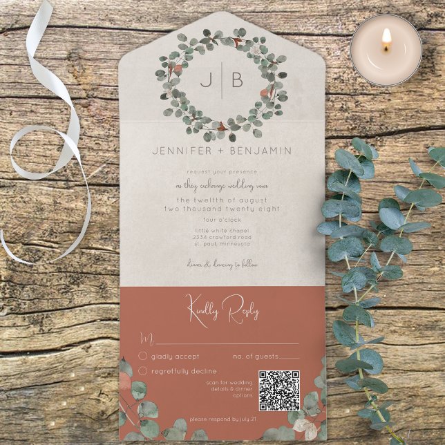 Rust & Green Eucalyptus Modern QR Code All In One Invitation (Also available without a QR code; with or without dinner selection options.)