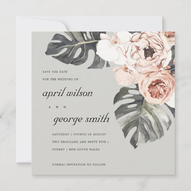 RUST GREY MOSTRERA FLORAL SAVE THE DATE CARD (Front)