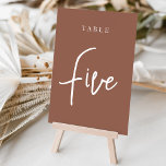Rust Hand Scripted Table FIVE Table Number<br><div class="desc">Simple and chic table number cards in earth tone rust brown and white make an elegant statement at your wedding or event. Design features "table [number]" in an eyecatching mix of classic serif and handwritten script lettering. Design repeats on both sides. Individually numbered cards sold separately; order each table number...</div>