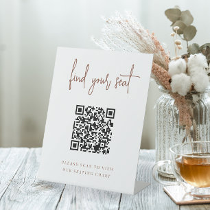 Rust   Handwritten Script QR Code Wedding Seating Pedestal Sign