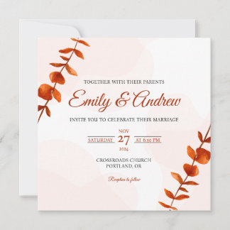 Rust Leaf Stem Watercolor Floral Square Wedding Invitation