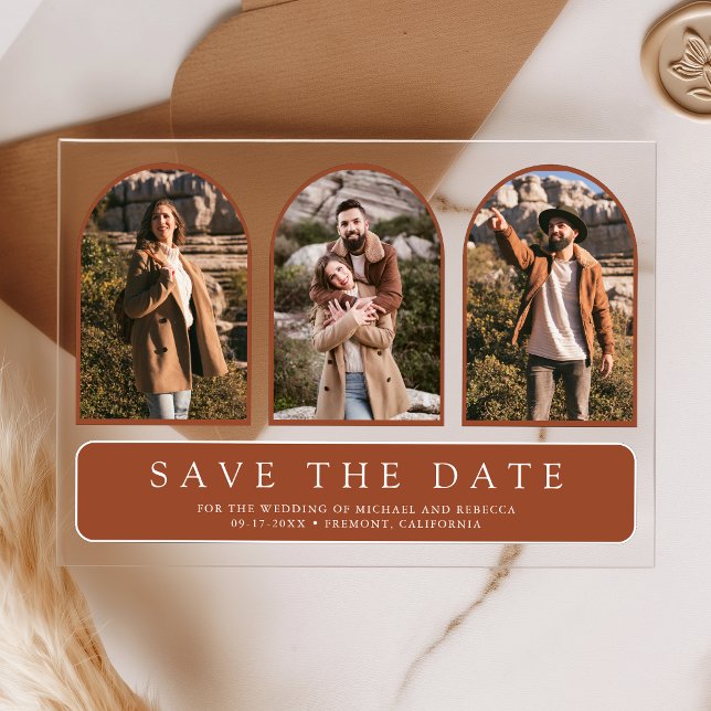 Rust Minimal Arch 3 Photo Wedding Save the Date Acrylic Invitations (Creator Uploaded)