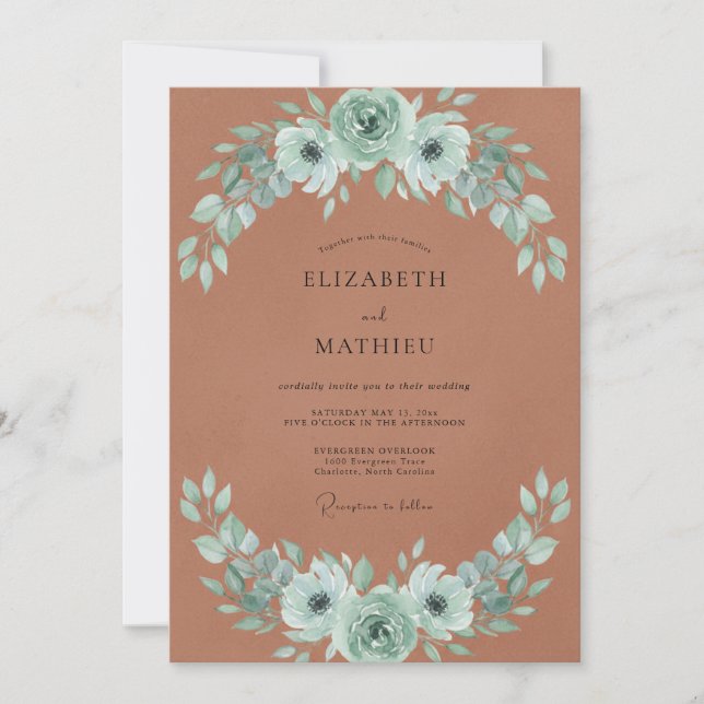 Rust Mint Leafy Wedding Invitation (Front)