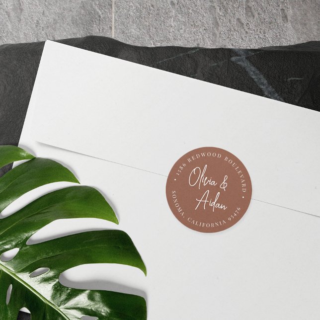 Rust | Modern Handwritten Wedding Return Address Classic Round Sticker (Creator Uploaded)