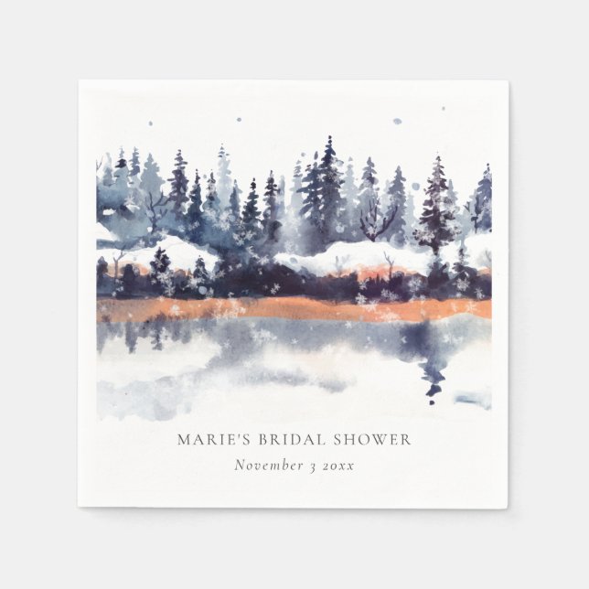 Rust Navy Winter Pine Forest Snow Bridal Shower Napkin (Front)