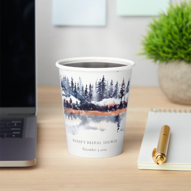 Rust Navy Winter Pine Forest Snow Bridal Shower Paper Cups (Insitu)