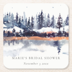 Rust Navy Winter Pine Forest Snow Bridal Shower Square Paper Coaster