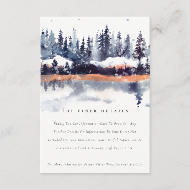 Rust Navy Winter Pine Forest Snow Wedding Details Enclosure Card (Front)