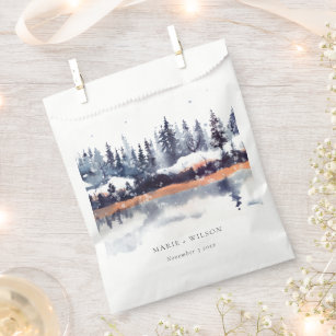 Rust Navy Winter Pine Forest Snow Wedding Favour Bag