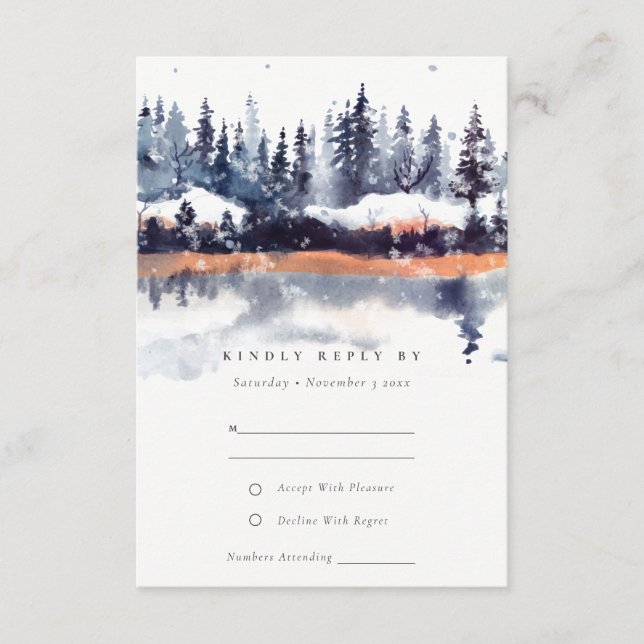 Rust Navy Winter Pine Forest Snow Wedding RSVP Enclosure Card (Front)
