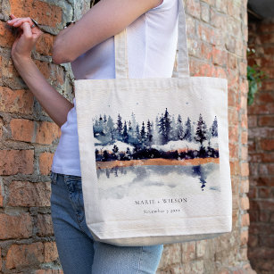 Rust Navy Winter Pine Forest Snow Wedding Tote Bag