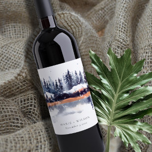 Rust Navy Winter Pine Forest Snow Wedding Wine Label