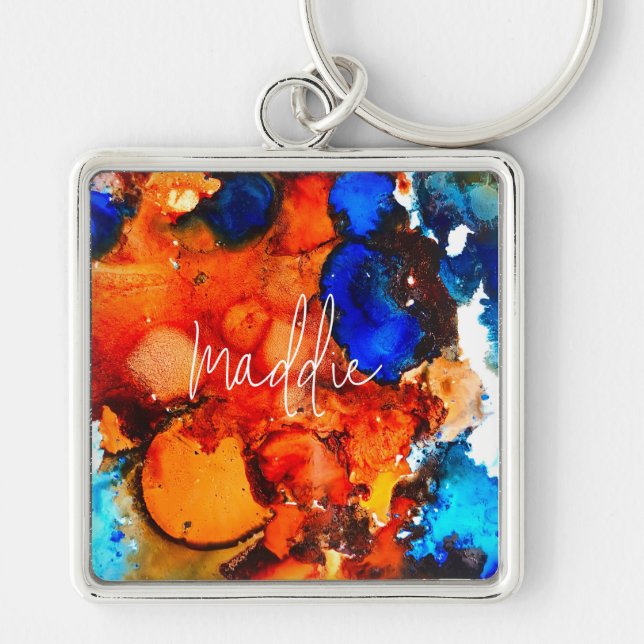 Rust orange abstract art ink key ring (Front)