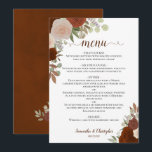 Rust Orange Autumn Floral Elegant Boho Wedding Menu<br><div class="desc">This beautiful wedding menu features a rustic boho chic floral design with script calligraphy lettering and hand painted watercolor roses in shades of coral, peach, rust orange, and burnt umber. The text is completely customisable with space for the couple's name & wedding date. Elegant, stylish, and chic, this card is...</div>