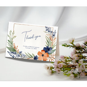 Rust Orange Blue Green Floral Watercolor Wedding Thank You Card
