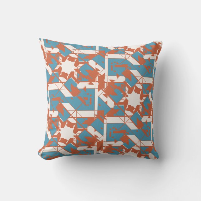 Rust Orange Blue Mediterranean Jagged Mosaic Cushion (Front)