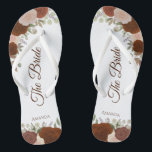 Rust Orange Boho Autumn Roses The Bride Wedding Thongs<br><div class="desc">Dance the night away with these beautiful wedding flip flops. Designed for the bride, they feature a rustic yet elegant design with hand painted watercolor roses and autumn garden foliage in shades of rust orange, terracotta, coral peach and burnt umber. Beautiful way to stay fancy and appropriate while giving your...</div>
