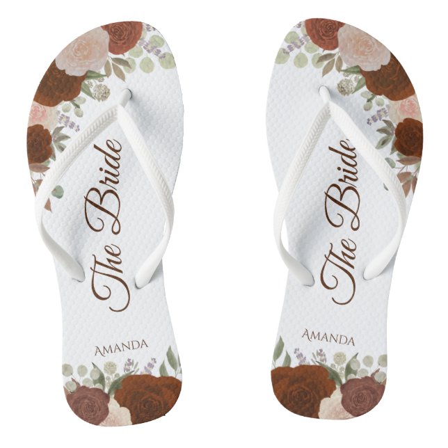 Rust Orange Boho Autumn Roses The Bride Wedding Thongs (Footbed)