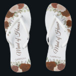 Rust Orange Boho Chic Floral Maid of Honour Weddin Thongs<br><div class="desc">These beautiful wedding flip flops are a great way to thank and recognise your Maid of Honour while saving her feet at the same time. Features an elegant boho chic design with hand painted watercolor roses in shades of rust orange and coral peach, along with burnt umber coloured script lettering....</div>