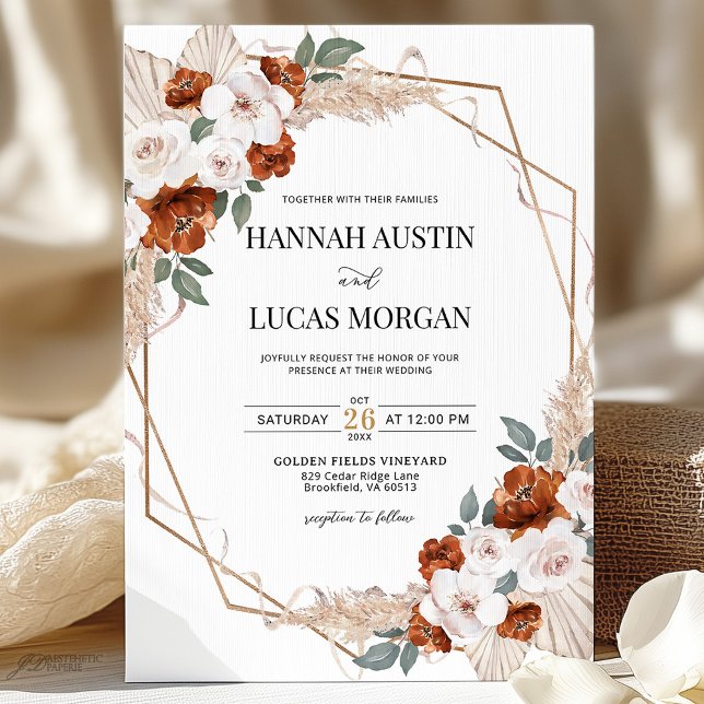Rust Orange Boho Floral Gold Geometric Wedding Invitation (Creator Uploaded)
