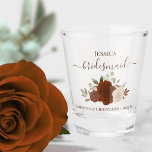 Rust Orange Boho Roses Elegant Bridesmaid Wedding Shot Glass<br><div class="desc">These beautiful shot glasses are a fun and thoughtful way to thank your wedding bridesmaids. They feature a beautiful boho chic design with elegant script lettering and a cluster of hand painted watercolor roses in autumn shades of rust orange and burnt umber, along with eucalyptus leaves and garden greenery. The...</div>