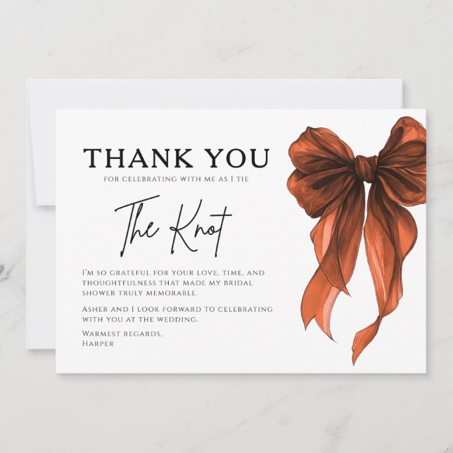 Rust Orange Bow Bridal Shower Thank You Card (Front)