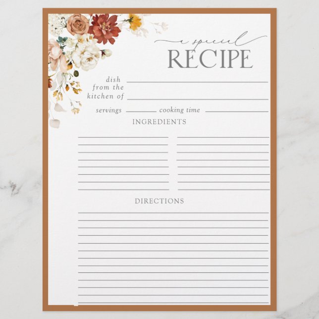Rust Orange Bridal Shower Recipe Binder Page (Front)