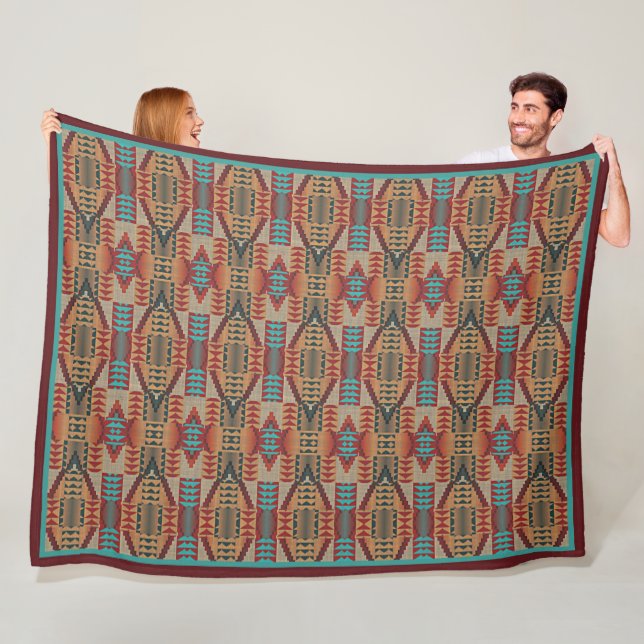 Rust Orange Brown Turquoise Teal Blue Tribal Art Fleece Blanket (In Situ)