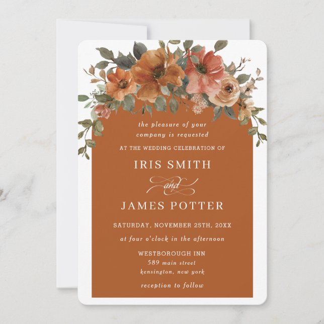Rust Orange Copper Earthy Tone Floral Arch Wedding Invitation (Front)