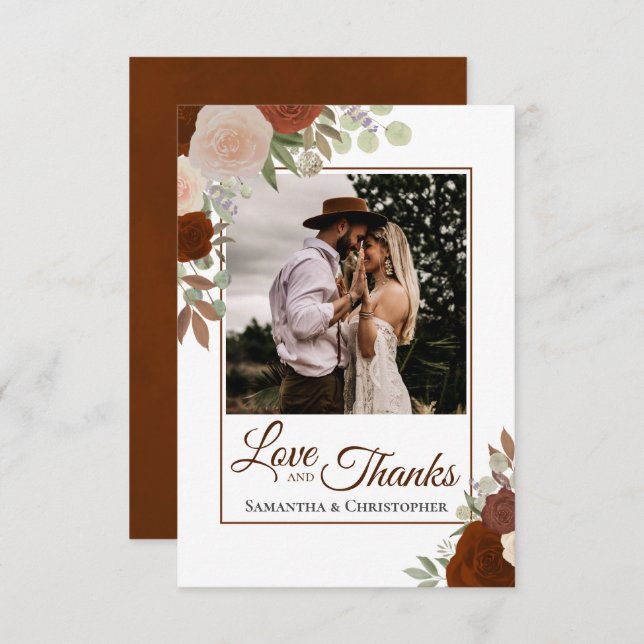 Rust Orange & Coral Roses Love & Thanks Wedding Thank You Card (Front/Back)