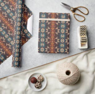 Rust Orange Dark Brown Red Teal Blue Mosaic Art Wrapping Paper