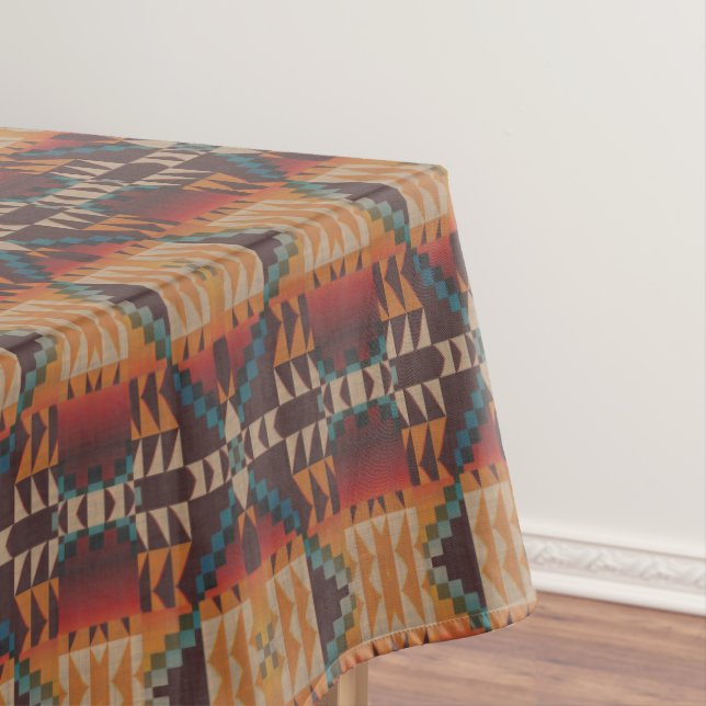 Rust Orange Dark Red Brown Teal Blue Tribal Art Tablecloth (In Situ)