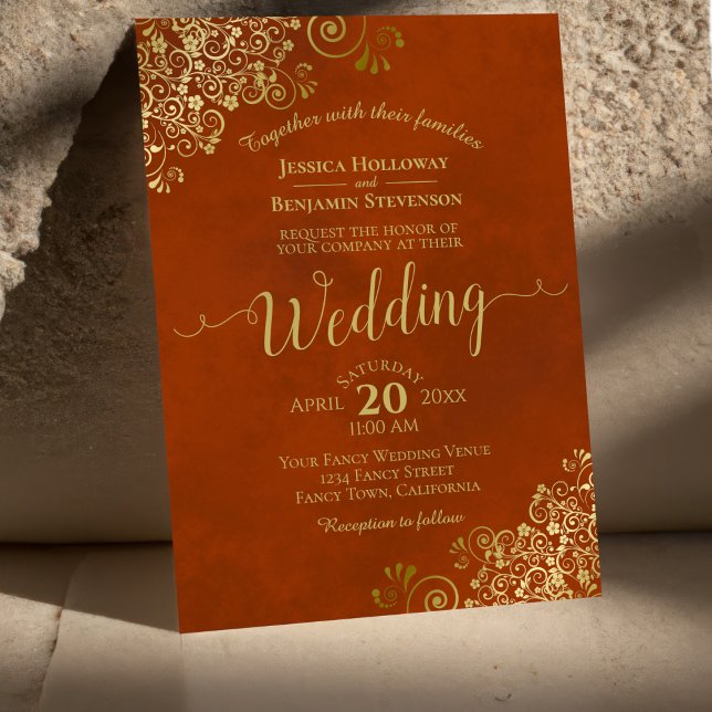 Rust Orange Elegant Gold Curls Calligraphy Wedding Invitation (Creator Uploaded)
