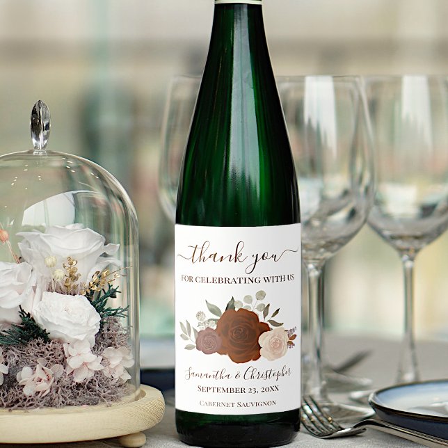 Rust Orange Fall Floral Elegant Wedding Thank You Wine Label (Creator Uploaded)