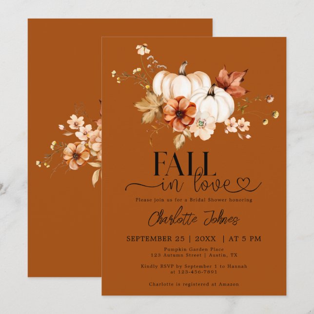 Rust Orange Fall In Love Pumpkin Bridal Shower Invitation (Front/Back)