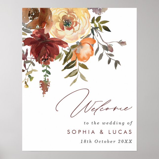 Rust & Orange Floral Fall Wedding Welcome Poster (Front)