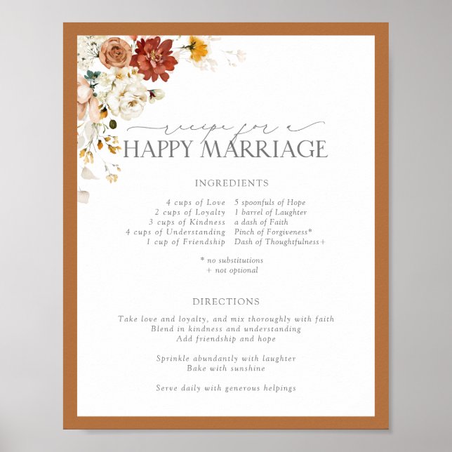 Rust Orange Floral Recipe for a Happy Marriage Poster (Front)