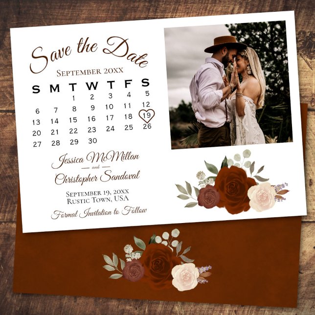 Rust Orange Floral Wedding Calendar & Photo Save The Date (In Situ Front/Back)