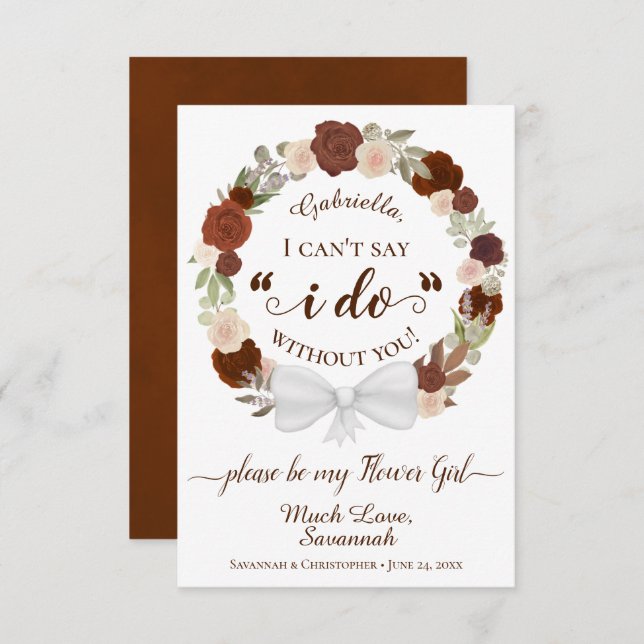 Rust Orange Floral Wreath Be My Flower Girl Card (Front/Back)