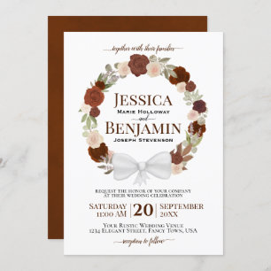 Rust Orange Floral Wreath Elegant Boho Wedding Invitation