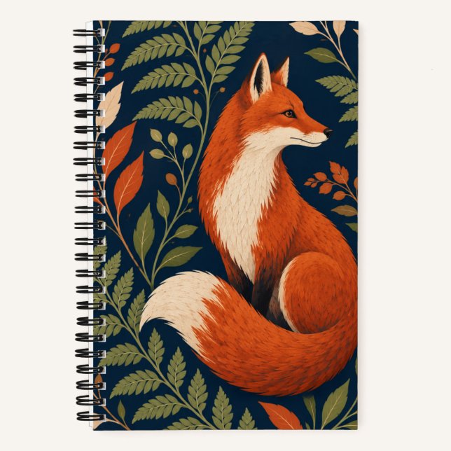 Rust Orange Fox with Navy Ferns Softcover Notebook (Front)