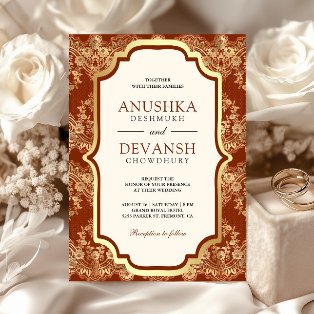 Rust Orange Gold Lace Indian Wedding Invitation (Creator Uploaded)