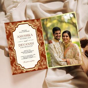 Rust Orange Gold Lace QR Code Photo Indian Wedding Invitation