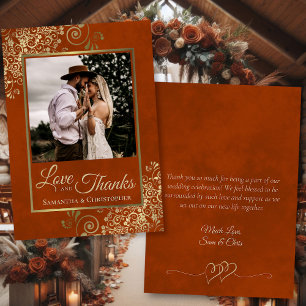 Rust Orange & Gold Love Thanks Photo Note Wedding Thank You Card