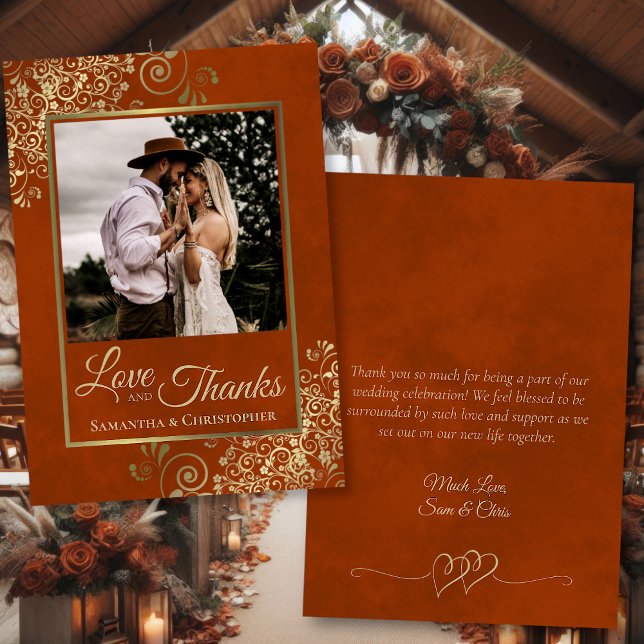Rust Orange & Gold Love Thanks Photo Note Wedding Thank You Card (Front/Back)