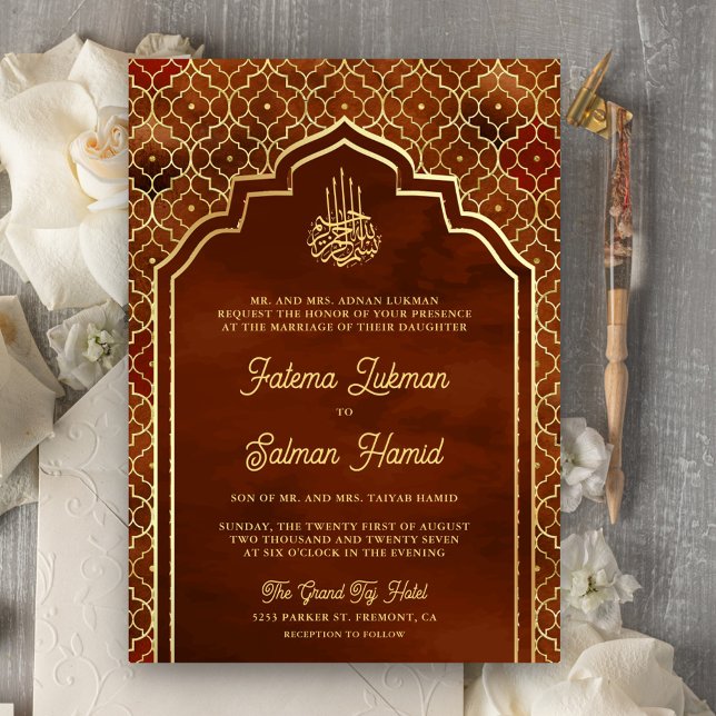 Rust Orange Gold Moroccan Arch Muslim Wedding Invitation (Creator Uploaded)